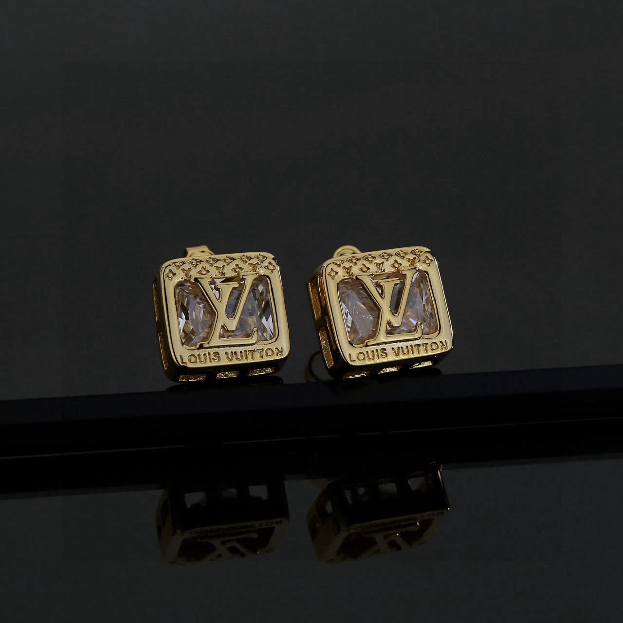 Louis Vuitton Gold Tone Crystal Stud Earrings